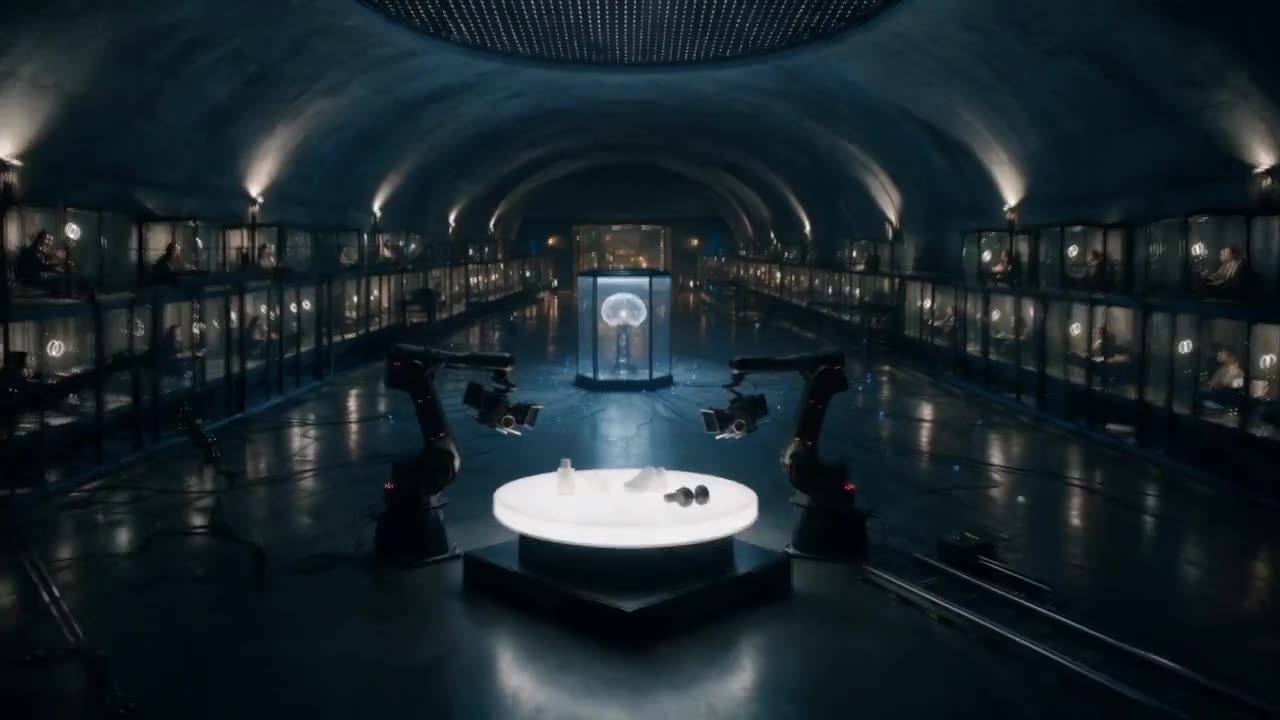 Hyper-realistic AI influencers filming in glass cubicles