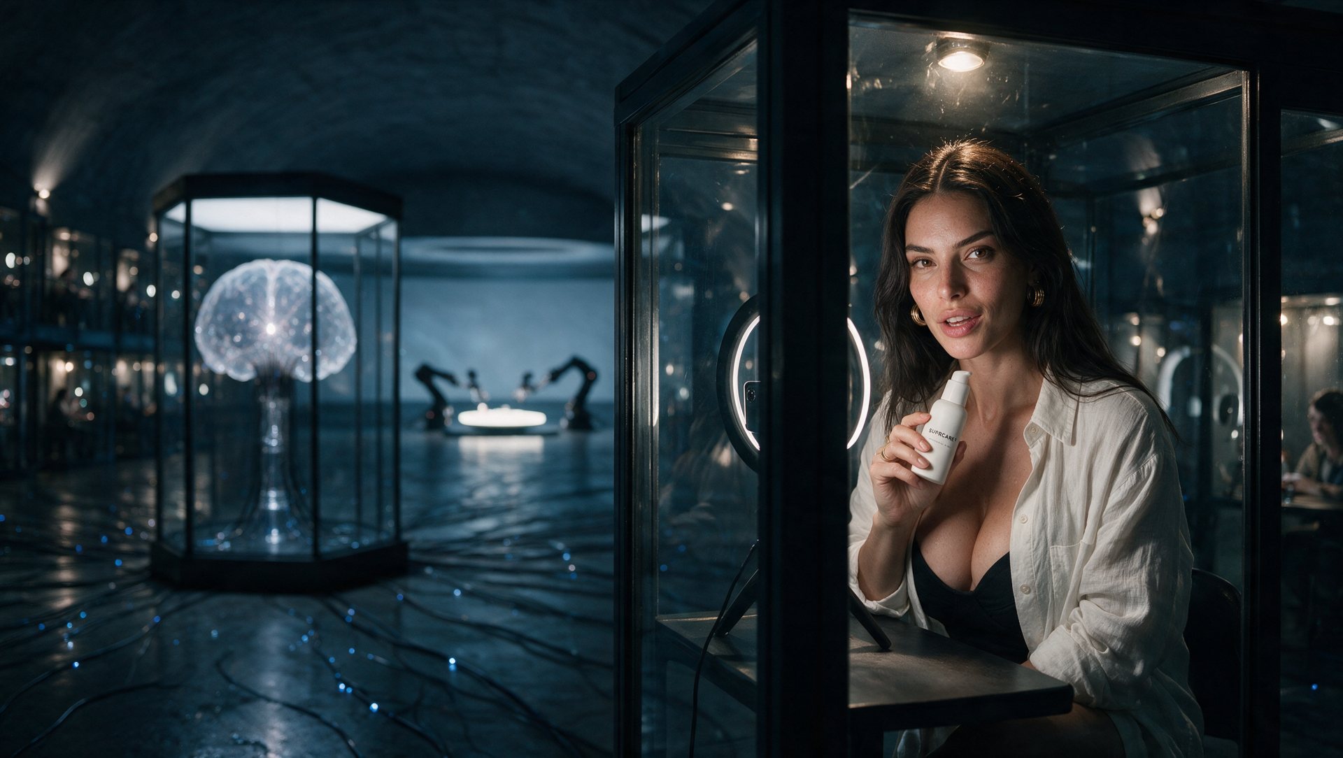 A hyper-realistic AI influencer in a glass cubicle holding a white SUPRCARE+ serum bottle, the glowing digital brain behind her
