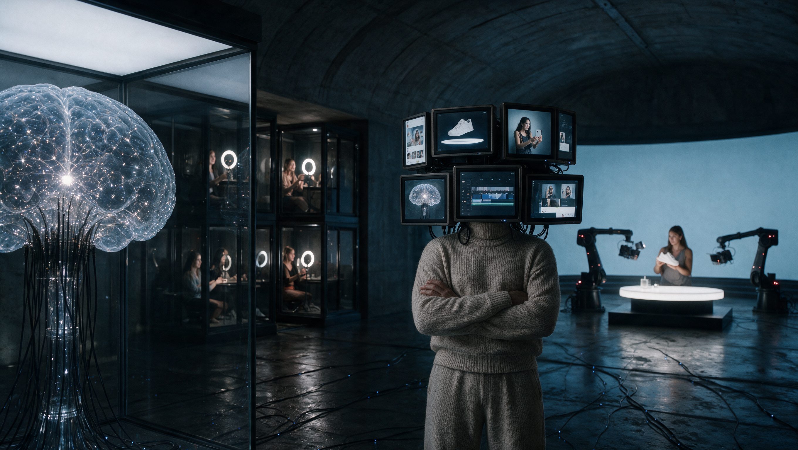 The Supercomputer: a TV-head figure with arms crossed in an underground bunker, a glowing digital brain, influencer cubicles and robotic cameras filming a product
